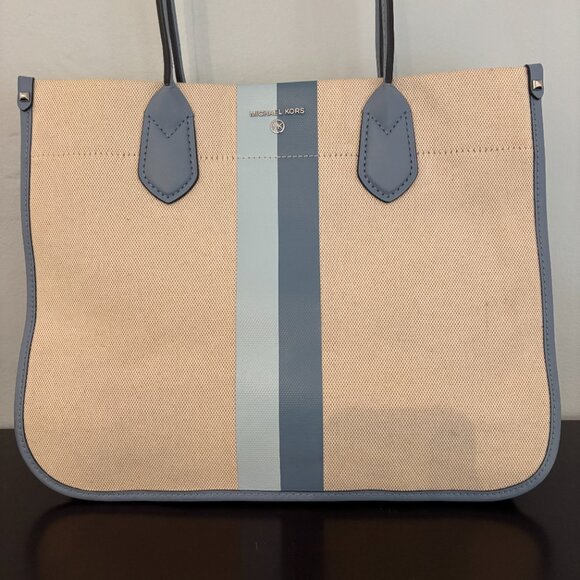 Michael Kors Heidi Large Ivory Light Blue Stripe Canvas Tote - Picture 2 of 13